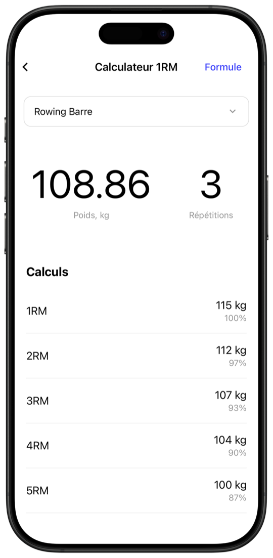 1RM calculator showing estimated max weight predictions from 1RM to 5RM in Fitnotes X