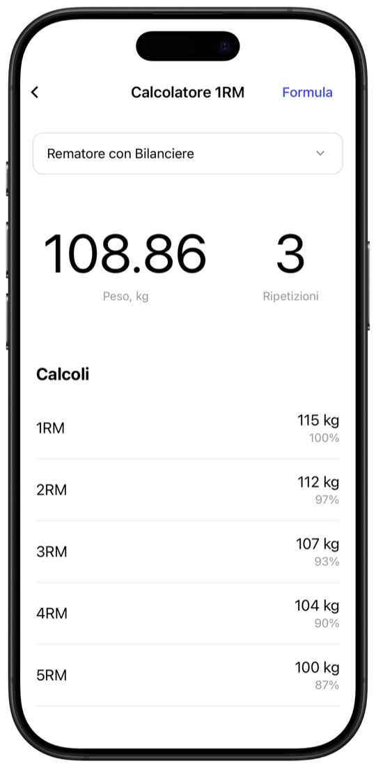 1RM calculator showing estimated max weight predictions from 1RM to 5RM in Fitnotes X