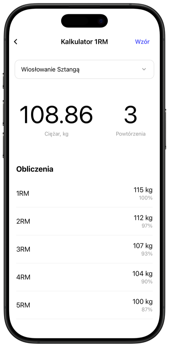 1RM calculator showing estimated max weight predictions from 1RM to 5RM in Fitnotes X