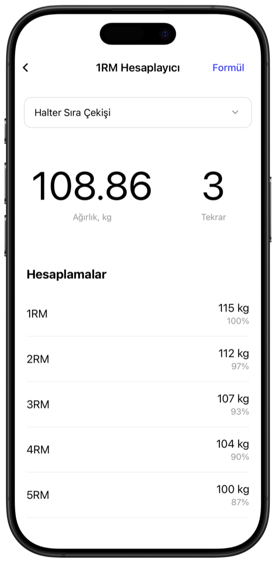 1RM calculator showing estimated max weight predictions from 1RM to 5RM in Fitnotes X