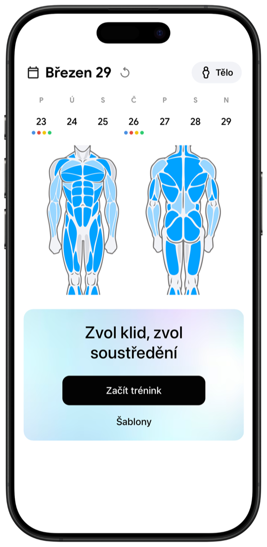 Fitnotes X workout tracker main screen with muscle body map and weekly calendar