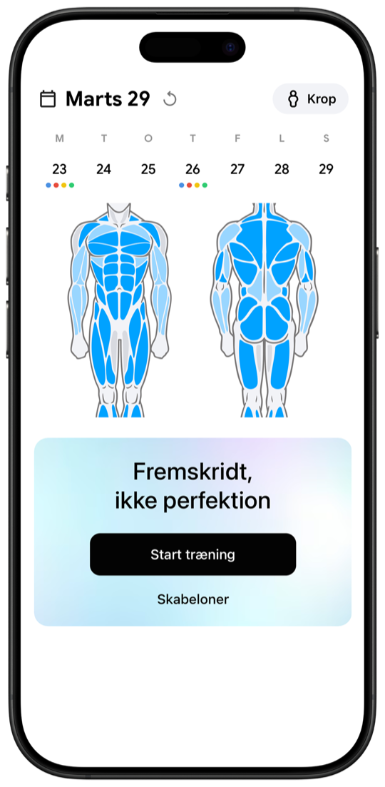 Fitnotes X workout tracker main screen with muscle body map and weekly calendar