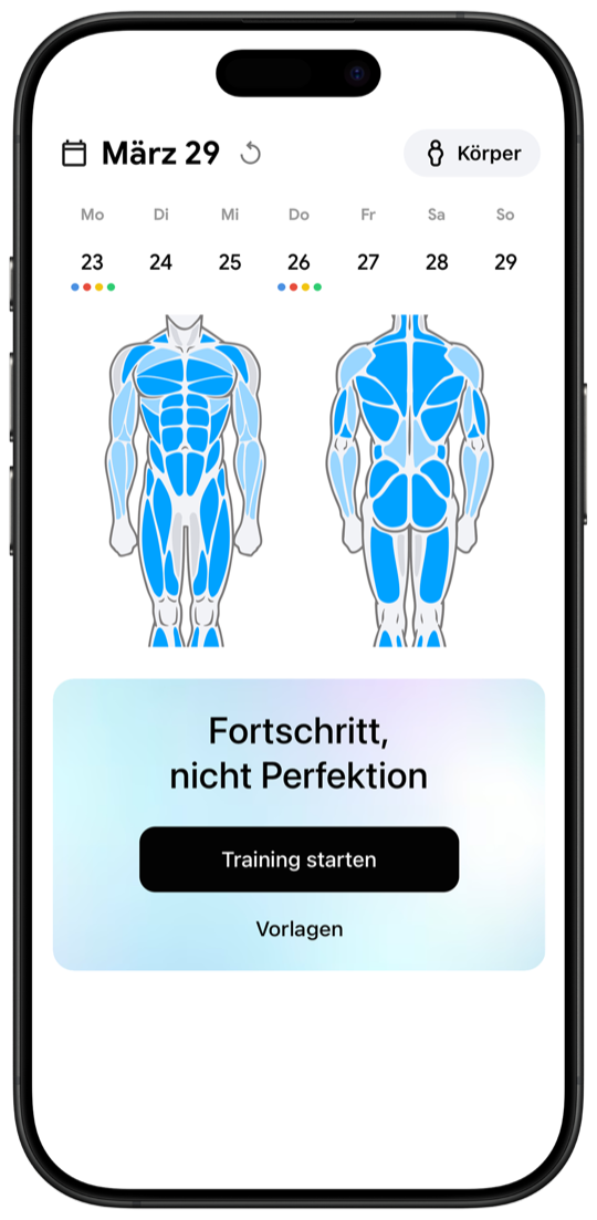 Fitnotes X workout tracker main screen with muscle body map and weekly calendar