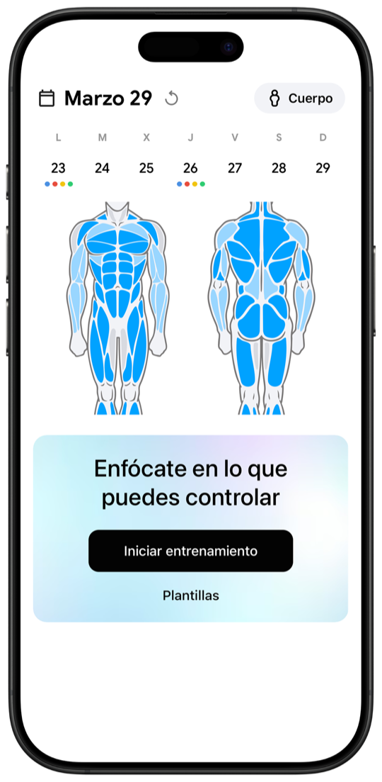 Fitnotes X workout tracker main screen with muscle body map and weekly calendar