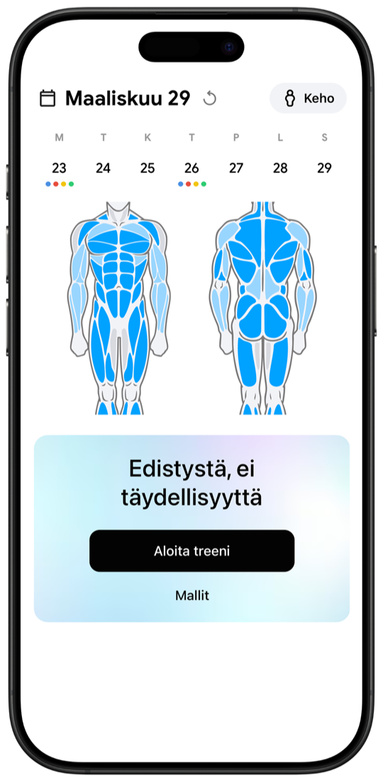 Fitnotes X workout tracker main screen with muscle body map and weekly calendar