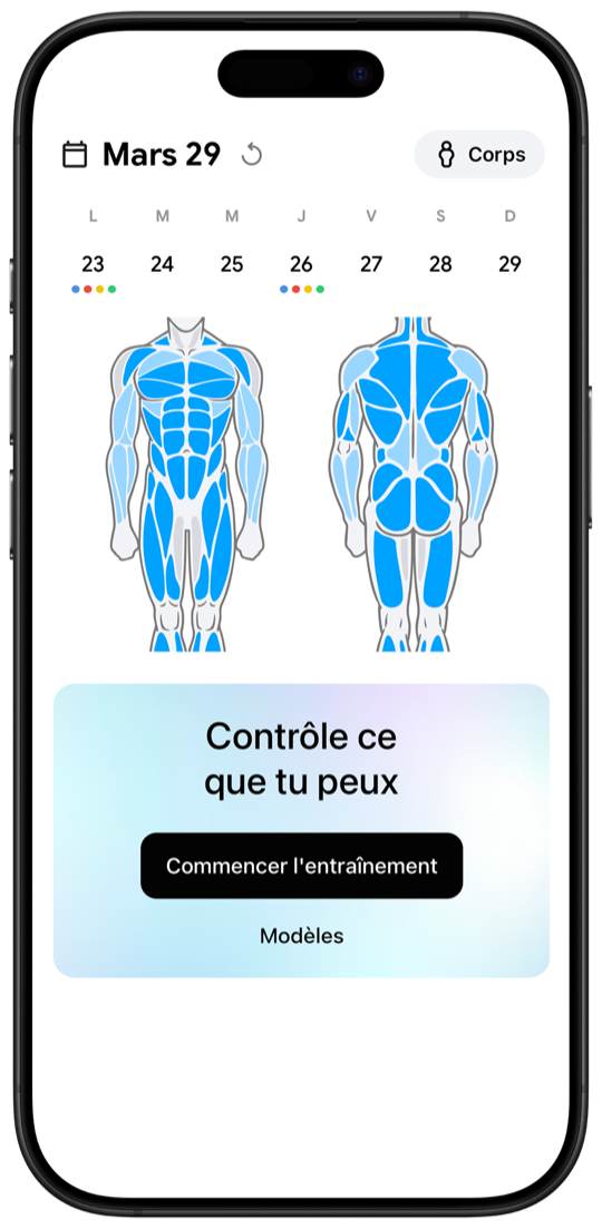Fitnotes X workout tracker main screen with muscle body map and weekly calendar