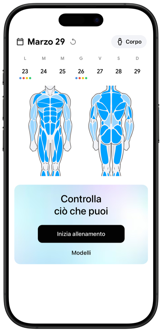 Fitnotes X workout tracker main screen with muscle body map and weekly calendar