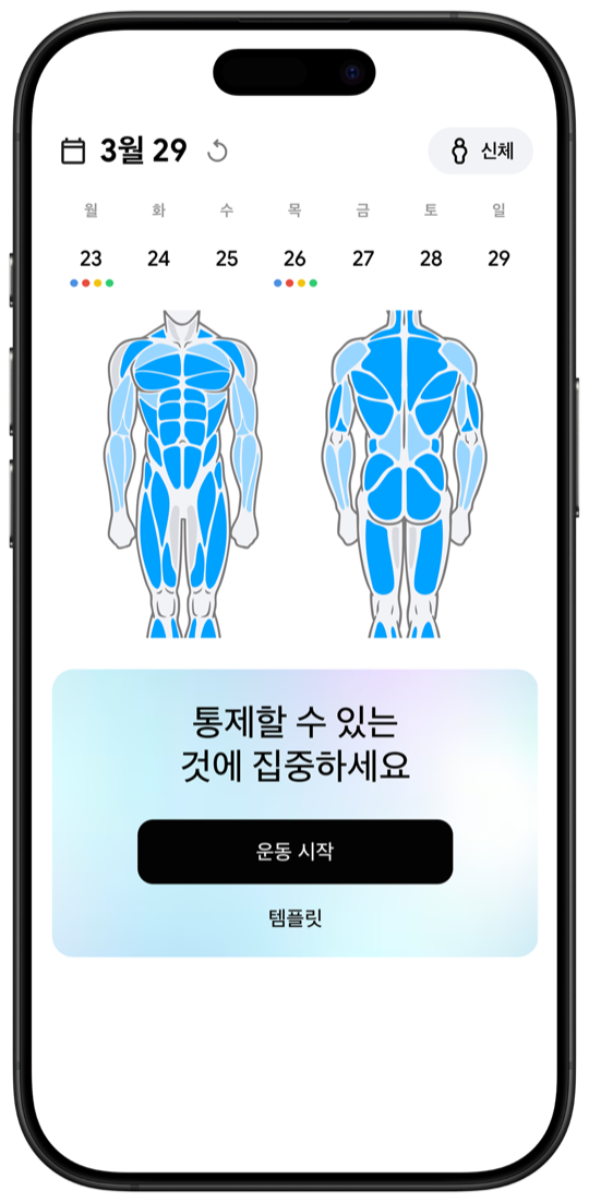 Fitnotes X workout tracker main screen with muscle body map and weekly calendar