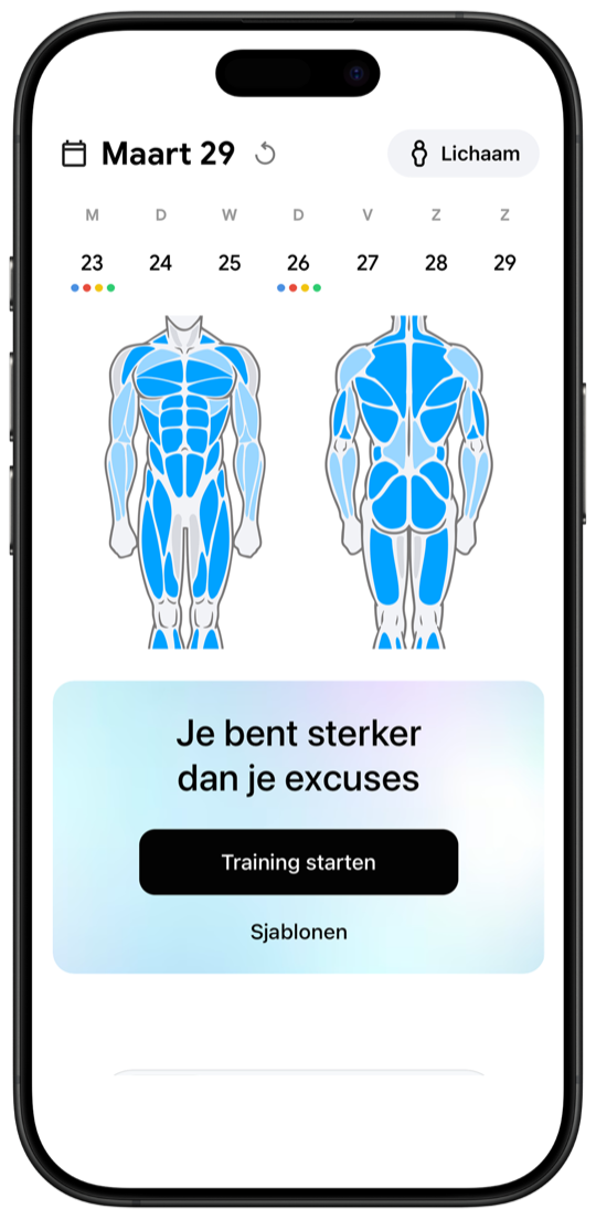 Fitnotes X workout tracker main screen with muscle body map and weekly calendar
