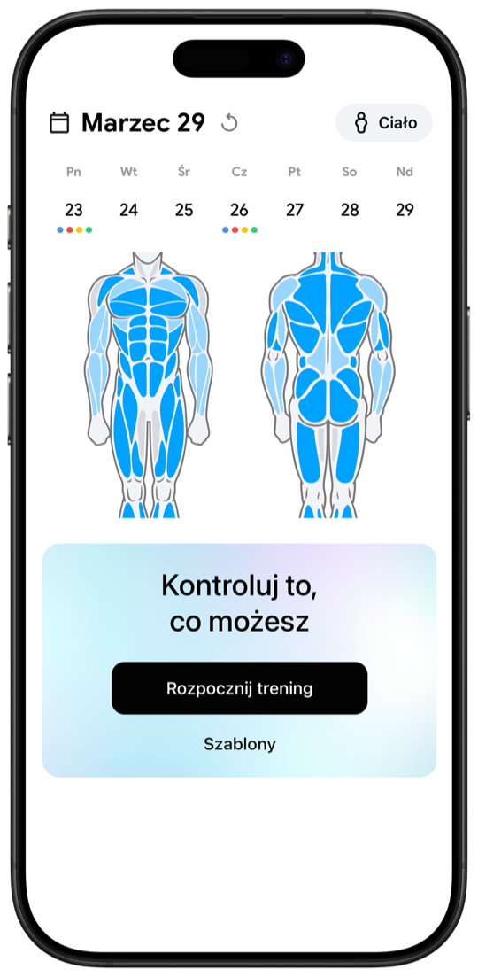 Fitnotes X workout tracker main screen with muscle body map and weekly calendar
