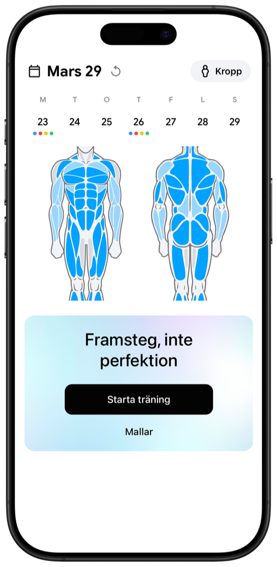 Fitnotes X workout tracker main screen with muscle body map and weekly calendar
