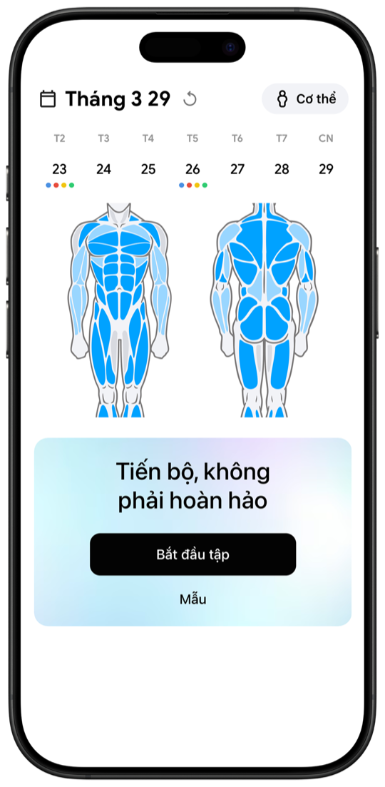 Fitnotes X workout tracker main screen with muscle body map and weekly calendar