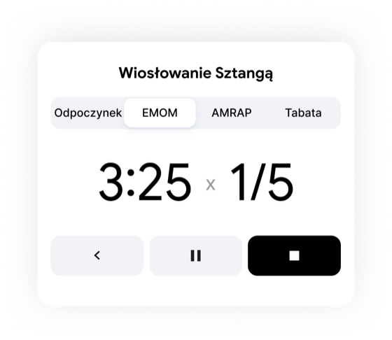 EMOM timer showing 3:25 round 1 of 5 for Barbell Row in Fitnotes X