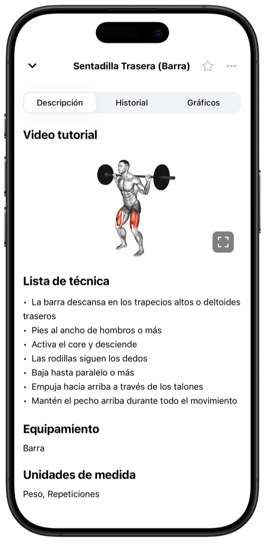 Exercise video tutorial with technique checklist and muscle targeting in Fitnotes X