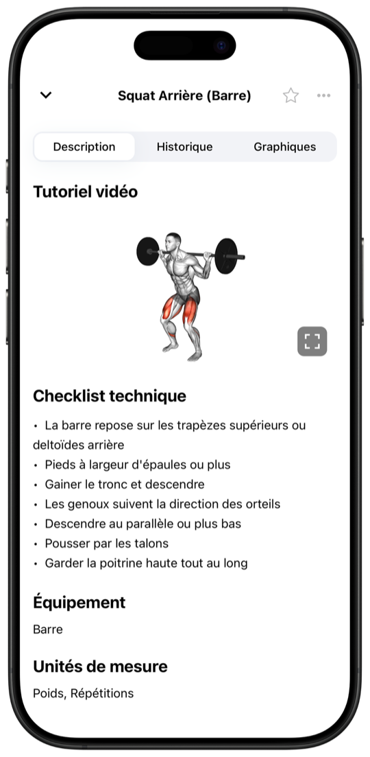 Exercise video tutorial with technique checklist and muscle targeting in Fitnotes X