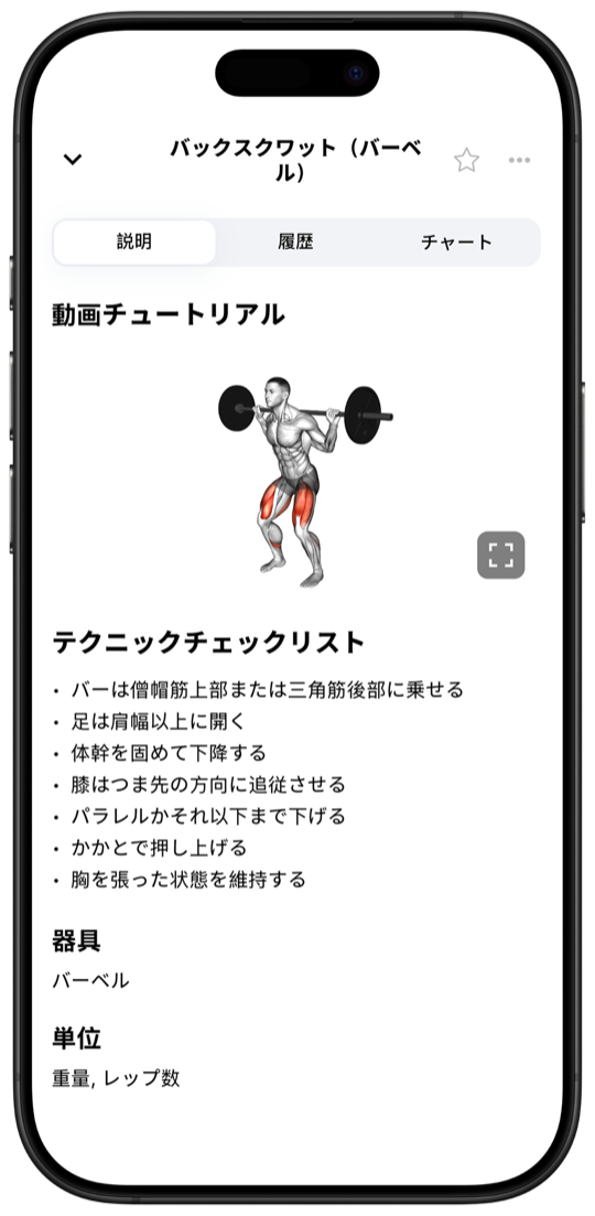 Exercise video tutorial with technique checklist and muscle targeting in Fitnotes X