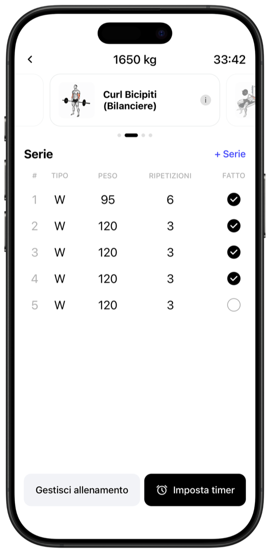 Active workout tracking screen with sets, weight and reps logging in Fitnotes X