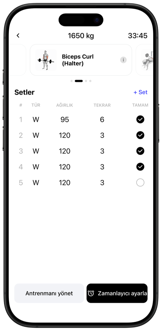 Active workout tracking screen with sets, weight and reps logging in Fitnotes X